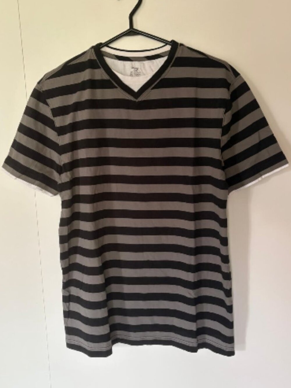 Men’s Faux V-Neck Crewneck Black and Grey Striped T-Shirt